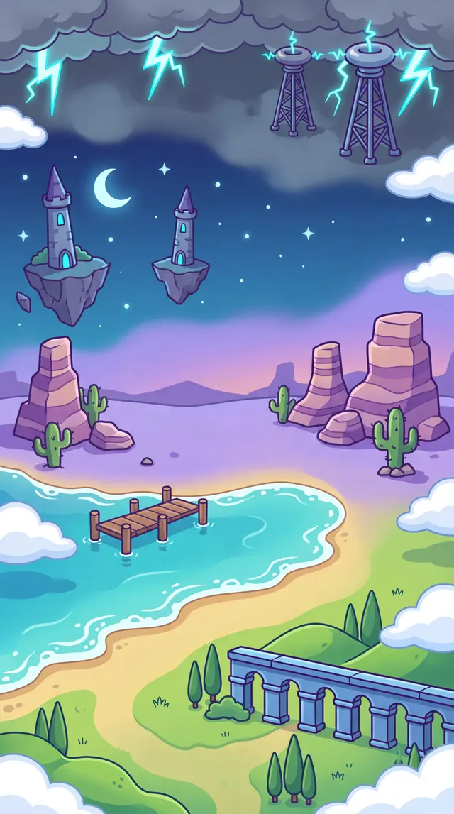 The Skybeard world map with Hill Country, Coast, Desert, Night Sky and Thunderstorm